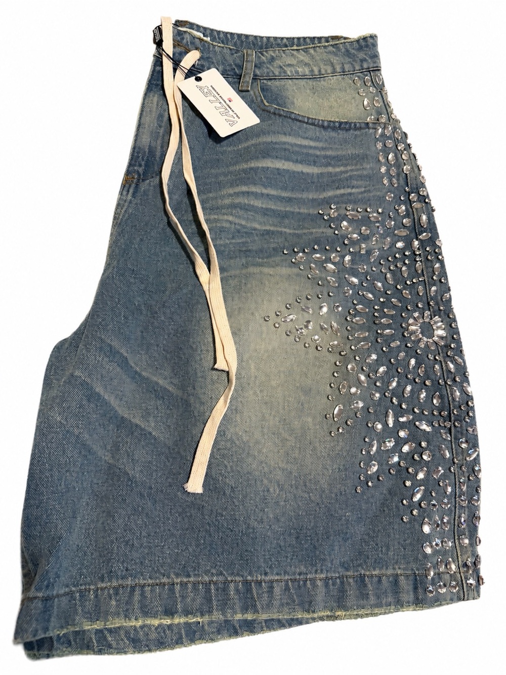 Crystal-Embellished Blue Denim Wide-Leg Shorts